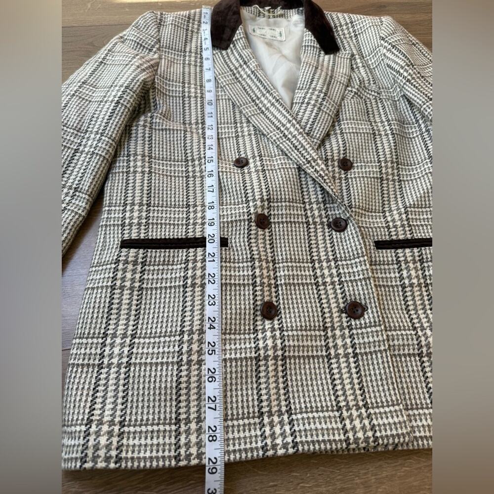 Vintage Choise Wool Tweed Plaid Double Breasted Blazer Suede Trim Size 8 - Picture 9 of 14